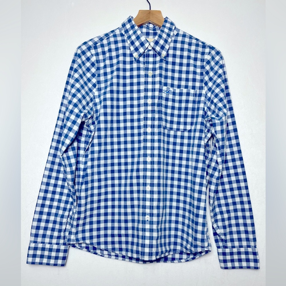 Hollister Men’s Blue Gingham Plaid Button Down Shirt Sz M Preppy Coastal Golf